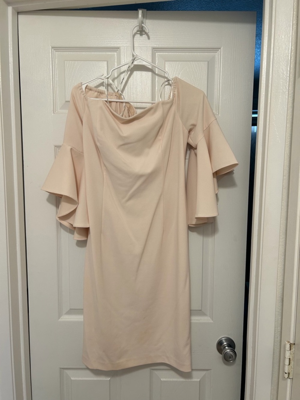 Calvin Klein Pale Blush Off-Shoulder Midi Dress with Ruffle Sleeves